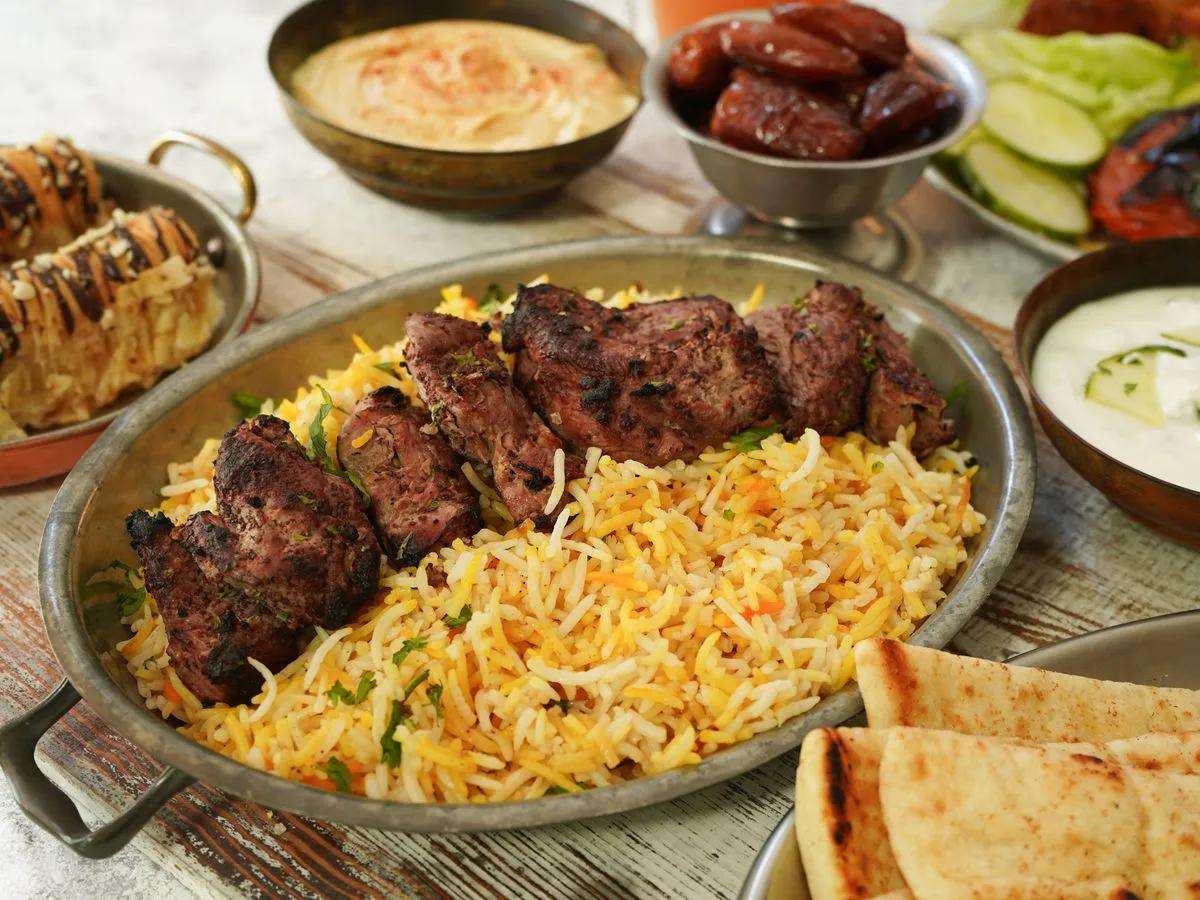 Beef Kebab with Rice Gyro Kitchen, Mediterranean Restaurant in Glendale